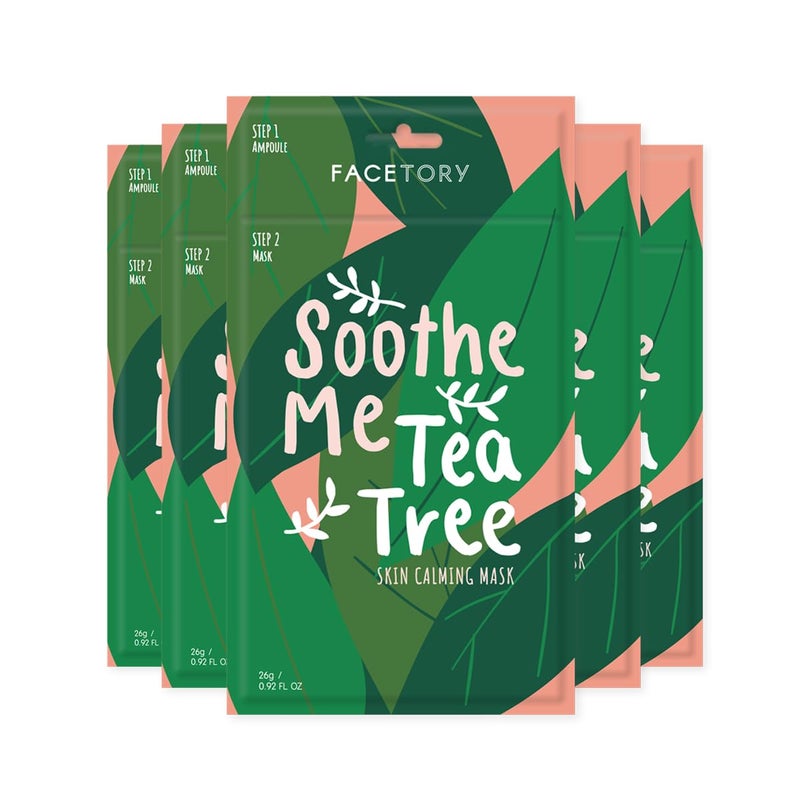 FACETORY K Beauty Face Mask Skin Care - Soothe Me Tea Tree 2-Step Sheet Mask with Tea Tree Extract & Chamomile + Soothing Ampoule | Skin Calming, Acne Clearing (5 Pack) - Image 1